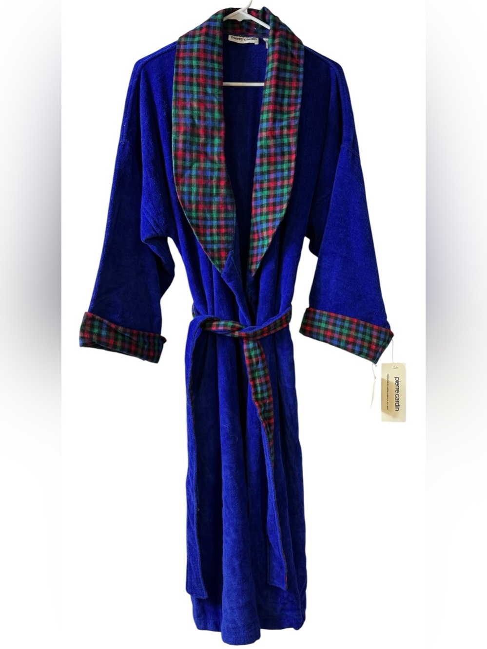 Pierre Cardin Men's 100% Cotton Terry Cloth Robe Royal Blue Plaid Accents Size M